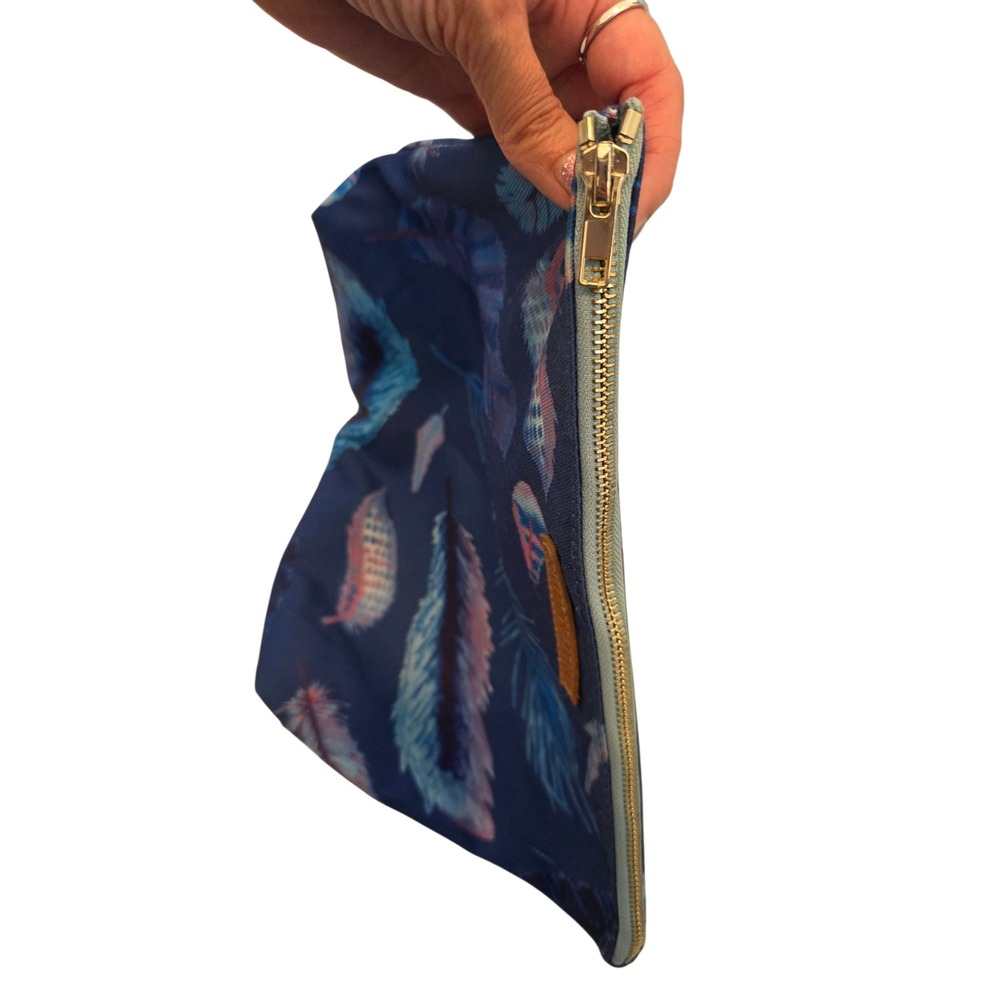 Pura Vida Navy Blue Peacock‎ Feather Print Canvas Pouch Makeup Bag Zippered Case - Picture 4 of 11